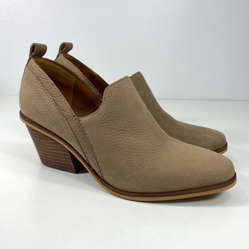 Lucky Brand Vennia Taupe Mocha Tan Nubuck Leather Slip On Ankle Boots Booties 8